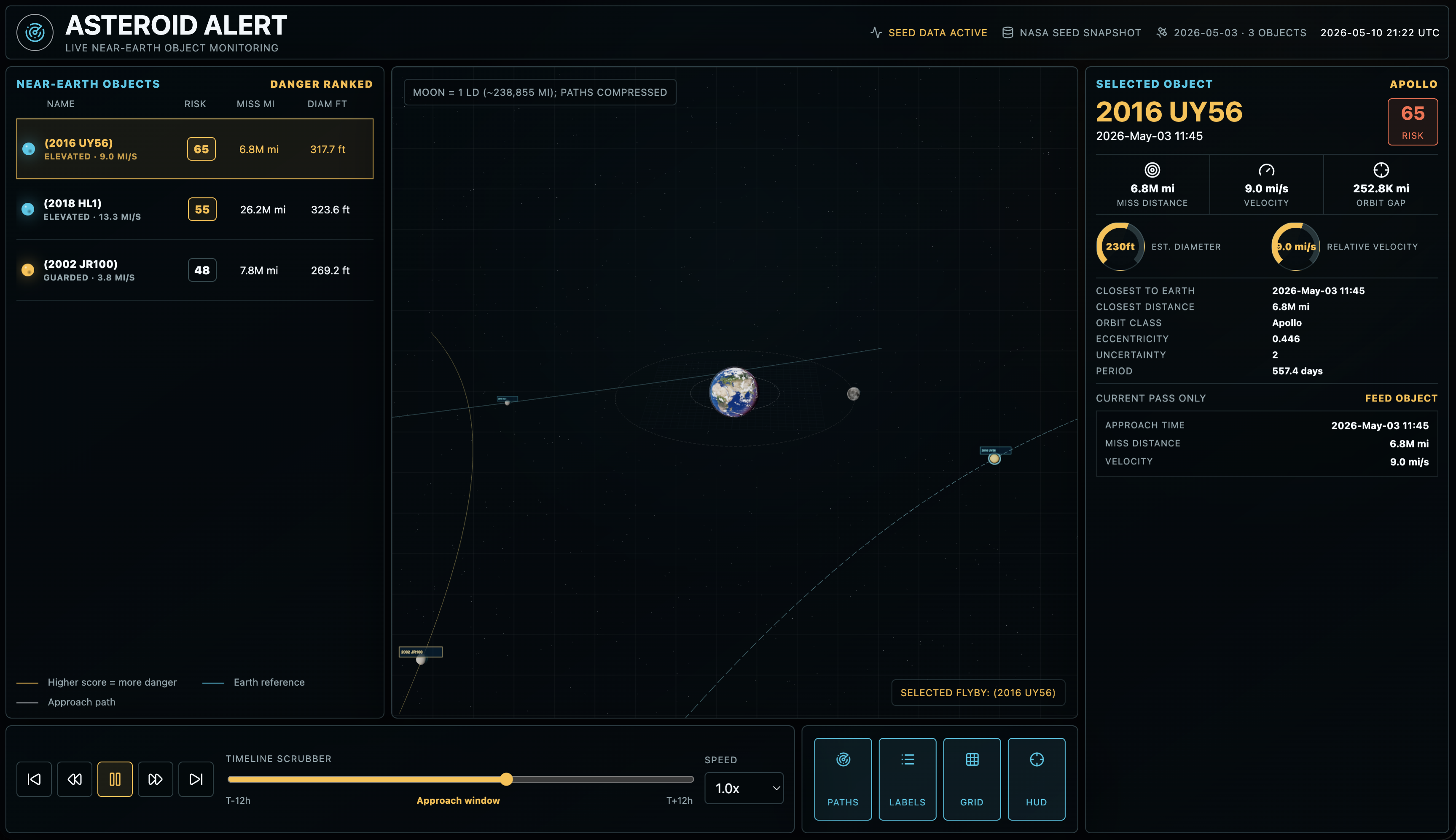 Asteroid Alert 3D near-Earth object dashboard screenshot