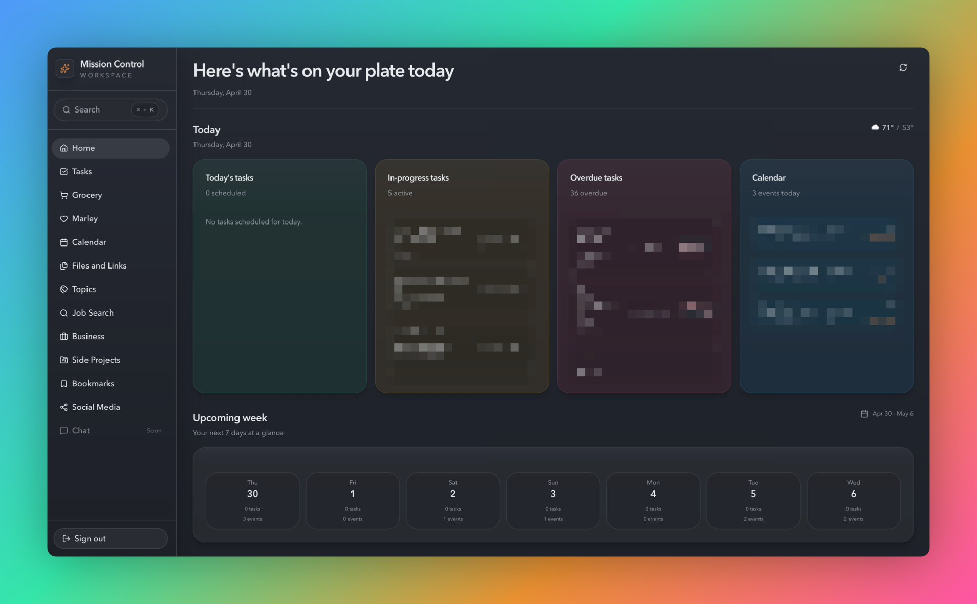 Mission Control home dashboard screenshot