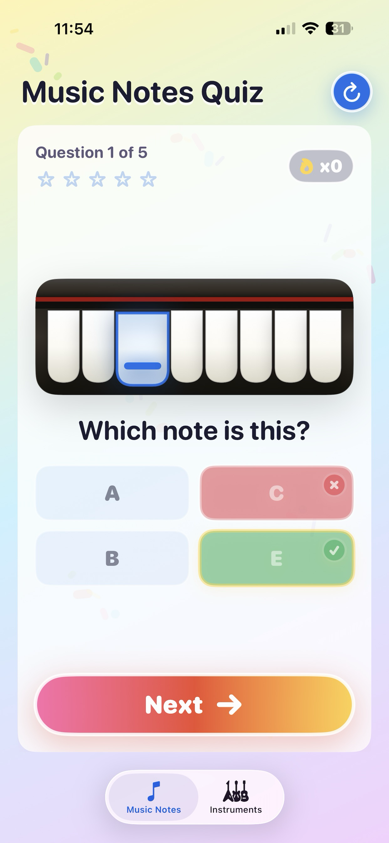 NoteQuest music notes quiz screen screenshot