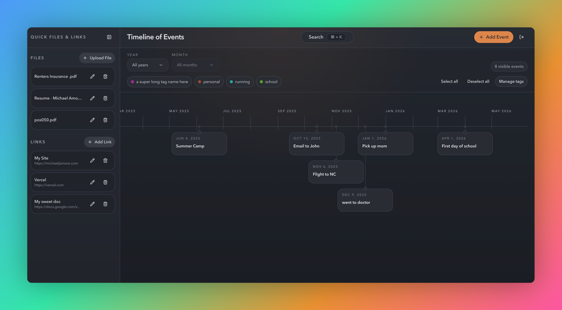Timeline of Events timeline screenshot